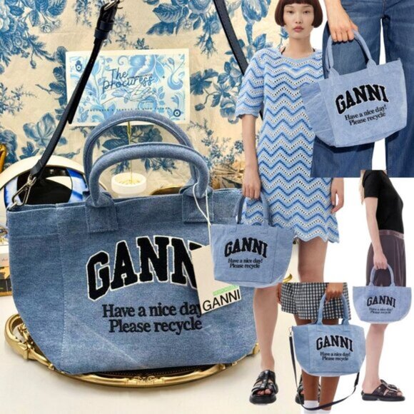 🆕 GANNI 🧿 NWT Washed Blue Embroidered Logo Small Shopper - Picture 1 of 11